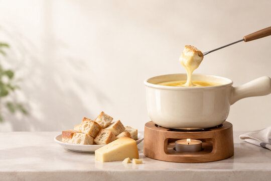 Ceramic cheese fondue pot on wooden trivet with bread cubes and cheese chunk, fondue snack concept