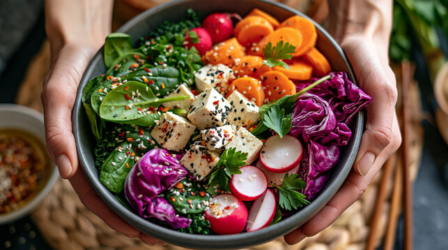 Healthy salad bowl with tofu vegetables and fresh greens held in hands bowl food plant based
