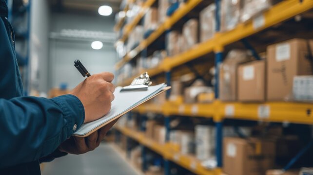 A warehouse worker holding a clipboard and writing notes with shelves of boxes in the background. Use this image for supply chain and logistics concepts.