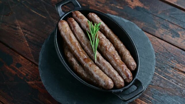 Browned cooked sausages with rosemary rotating in a black serving pan on round slate over a rustic wooden table in a food close-up.