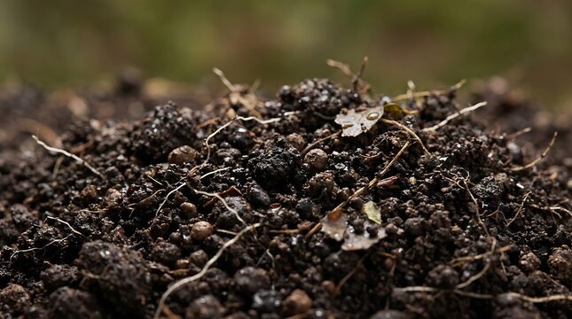 Enriched topsoil close-up with organic matter, rich dark soil texture, and tiny roots for gardening.