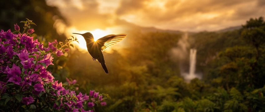 Hummingbird's Serenade: A tiny hummingbird hovers in mid-air, wings a blur, as it sips nectar from vibrant pink flowers against a backdrop of lush green foliage, mist-shrouded mountains.