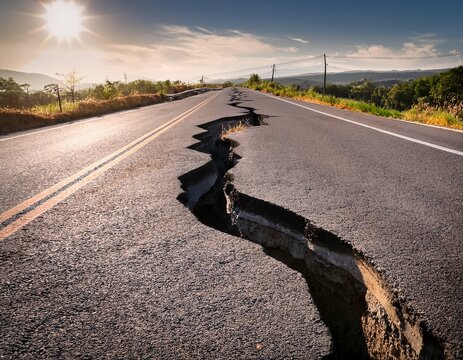 a damaged asphalt road featuring a deep crack likely due to an earthquake or soil erosion presents hazards for cars and walkers