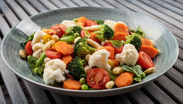 a detailed view of a plate filled with raw vegetable salad on a gray slatted table featuring carrots soybeans cauliflower tomatoes and cream cheese