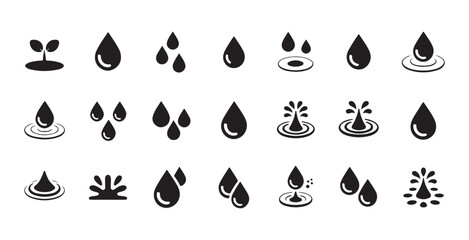 Obraz premium Black water drops and plant icons set vector graphic illustration for nature element design.