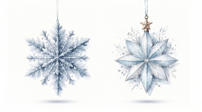 Watercolor winter ornaments illustrate delicate snowflake and star designs with subtle blue tones snowflakes ornament seasonal holiday celebration wash painting illustration design graphic element fro