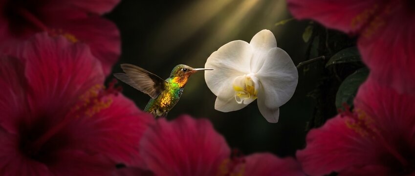 Hummingbird and Orchid: A vibrant hummingbird with iridescent plumage sips nectar from a delicate white orchid, framed by deep pink hibiscus flowers, bathed in ethereal sunbeams.