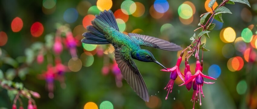 Magical Hummingbird's Feast: A vibrant hummingbird hovers in mid-air, its iridescent green feathers shimmering as it sips nectar from a delicate fuchsia flower.
