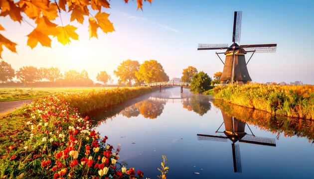 Holl&auml;ndische Windm&uuml;hle am Kanal im Herbstlicht