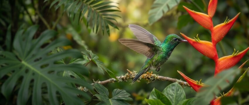 Emerald Hummingbird's Nectar Feast: A vibrant emerald hummingbird hovers with wings blurred, delicately sipping nectar from a fiery orange heliconia flower amidst lush tropical foliage.