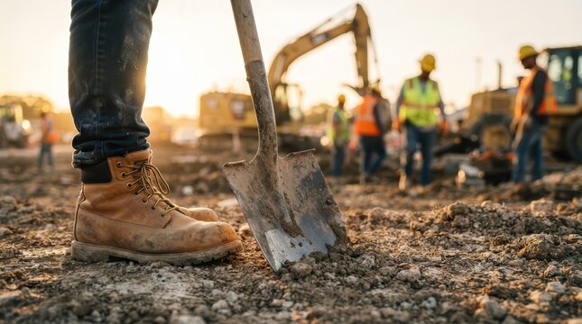 Close-up of a shovel and rugged work boot on dirt at a busy construction site.