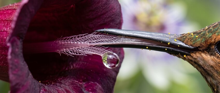 Hummingbird Nectar Sip: A hummingbird with iridescent plumage hovers beside a deep purple flower, its long beak delicately probing for sweet nectar.