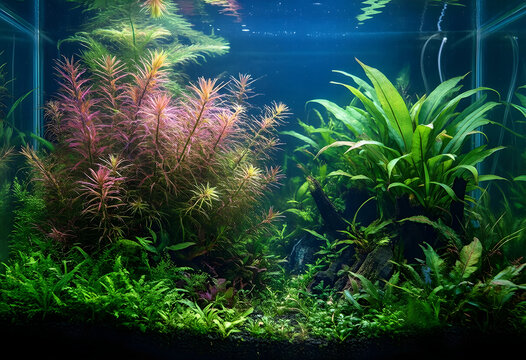 Aquascaping and nature aquarium design, lush aquatic plants with rotala and java fern in a freshwater tank for home interior and wellness relaxation
