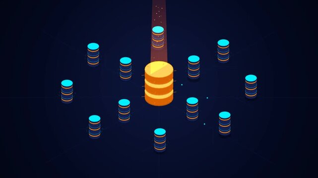 Isometric data server network connecting to central database system digital information flow global