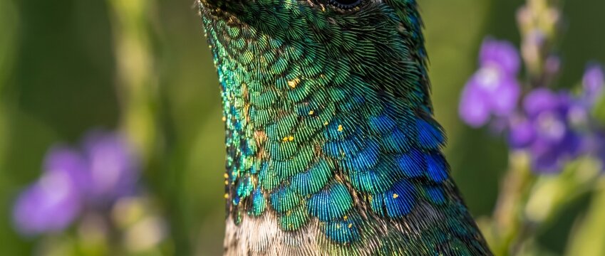 Iridescent Hummingbird Neck Detail: A striking close-up reveals the stunning, shimmering emerald and sapphire plumage of a hummingbird's neck, set against a soft.