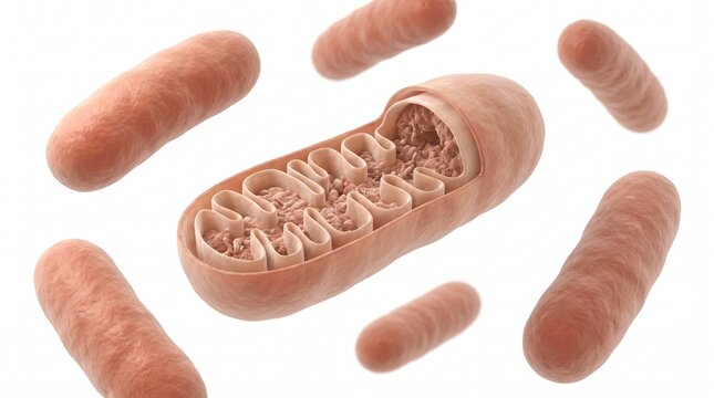 Mitoc&ocirc;ndria humana em corte transversal mostrando cristas e estrutura interna em visualiza&ccedil;&atilde;o m&eacute;dica 3D isolada