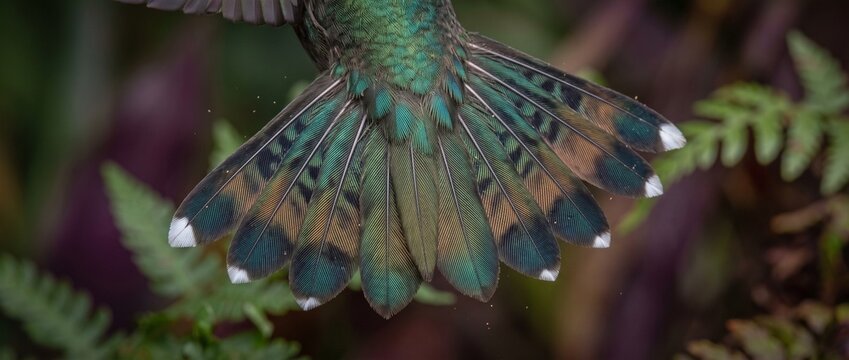 Hummingbird Tail Detail: A close-up view of the vibrant, iridescent tail feathers of a hummingbird, displaying intricate patterns and a delicate balance of green, brown.