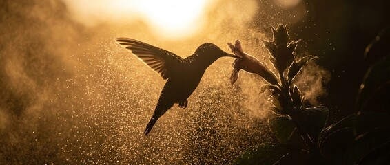Fototapeta premium Hummingbird Nectar Sip at Sunrise: A tiny hummingbird, silhouetted against the golden sunrise, hovers gracefully to drink nectar from a flower amidst a shower of sparkling water droplets.