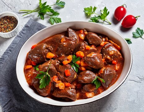close up of peri peri chicken livers in a dish on a light stone surface chicken livers with veggies in tomato sauce overhead view