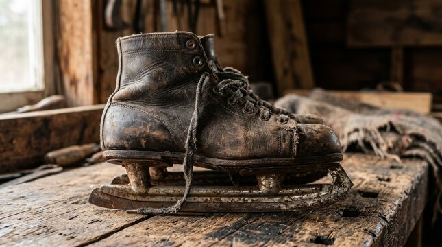 Old leather ice skates sit on a wooden table inside a workshop.