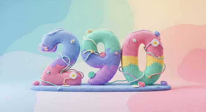 Playful 290 numbers crafted with knitted texture, adorned with flowers on a soft pastel background