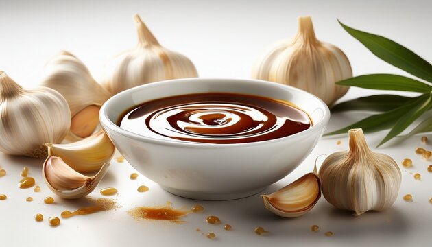 creamy garlic soy sauce swirl in white dipping bowl garlic bulbs in background sauce drips on clean white table culinary presentation with smooth liquid