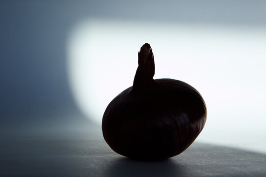 Dark silhouette of a whole raw onion bulb with stem isolated against a bright backlit white background.