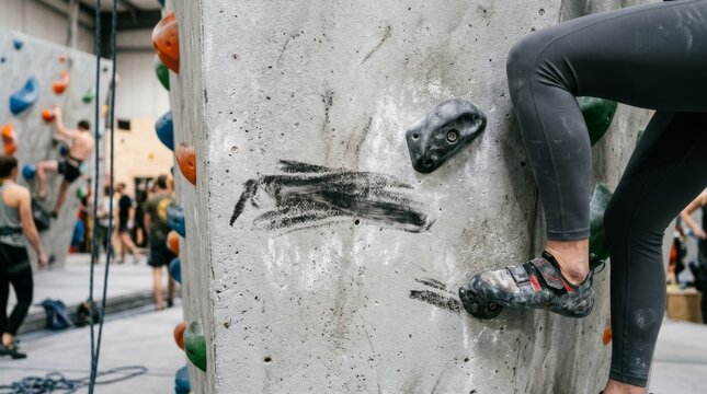 A woman climbs an indoor rock wall while wearing climbing shoes and grey pants.