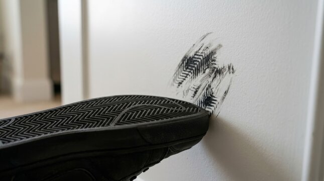 A black shoe sole is shown leaving a dirty smudge on a wall