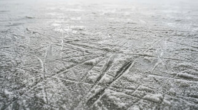The cold white ice shows many skate marks and snow piles on the surface.