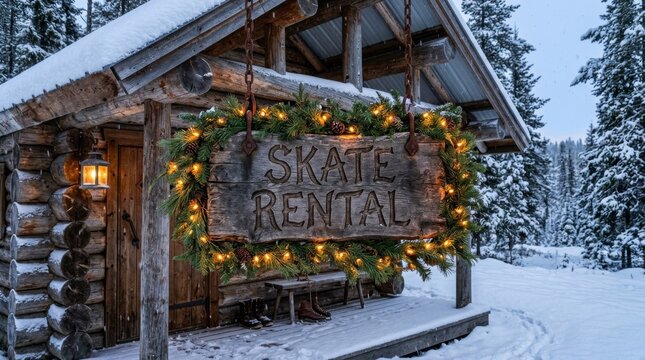 A rustic wooden skate rental sign hangs on a snowy cabin porch with lights.