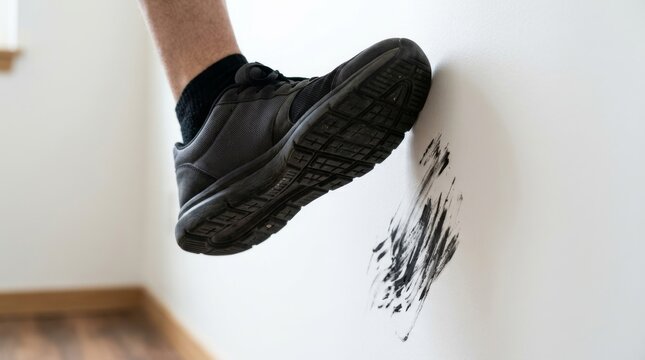 A person wearing a black shoe kicking a white wall with a dirty mark.