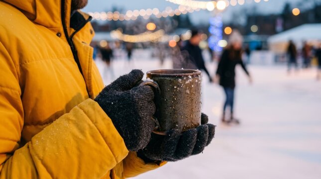 A person wearing a yellow jacket and gloves holds a hot steaming mug outdoors.