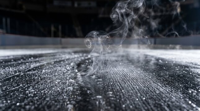 White smoke rises from a dark ice surface inside an indoor sports arena.