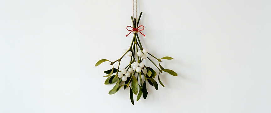 A decorative bunch of mistletoe hangs from a string, adorned with a small red bow, set against a plain white background, symbolizing holiday traditions.