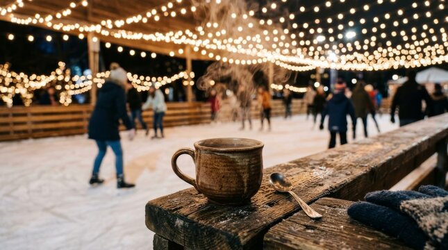 Steaming ceramic mug sits on a wooden railing near a crowded outdoor ice rink.