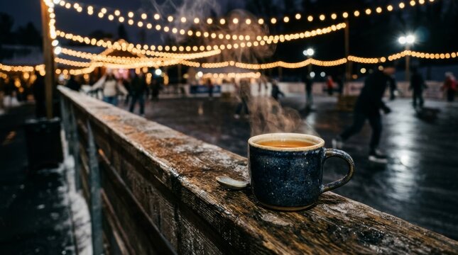 A steaming cup of hot drink sits on a wooden fence near an ice skating rink.