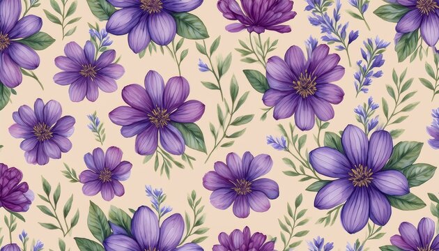 cute purple watercolor floral pattern on a cream background watercolor seamless pattern watercolor print in rustic vintage style textile or wallpapers