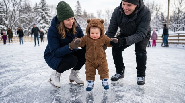 Parents help their baby learn to ice skate on an outdoor rink in winter.