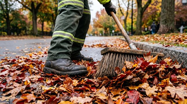 Grounds worker in reflective trousers sweeping colorful fallen autumn leaves beside a paved road and curb in a tree lined residential neighborhood outdoors
