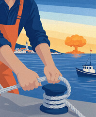 Fototapeta premium Illustration of a fisherman securing a thick rope around a dock bollard beside a coastal harbor, with boats, a village, and an orange sunset in the background.