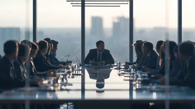 Diverse executive board members having strategic corporate meeting in modern glass high rise conference room discussing business plan and financial growth opportunities at big reflective table