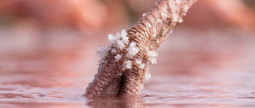 Close-up of a flamingo leg in pink water with salt crystals. A detailed, macro view of a flamingo's leg covered in salt crystals, standing in shallow pink water.