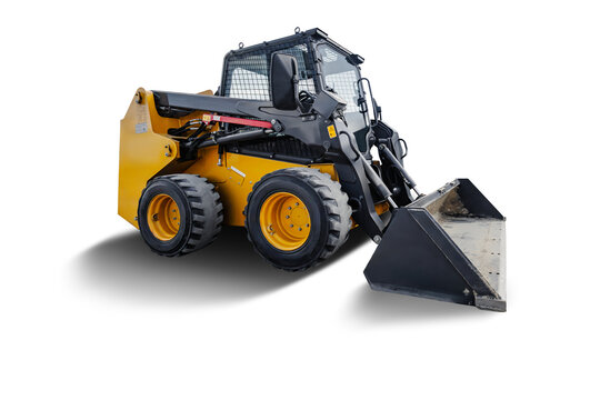 A mini loader stands on a plain background with its front bucket positioned downward, ready for work. The machine has large wheels and a compact structure.