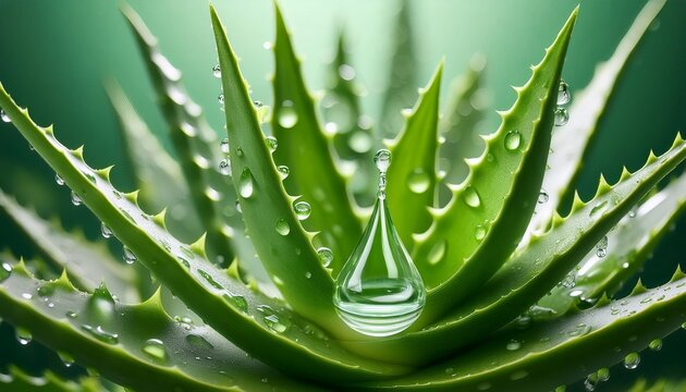 fresh aloe vera leaves are depicted with clear water droplets and a dripping gel ideal for showcasing natural skincare wellness and sustainable beauty product promotions