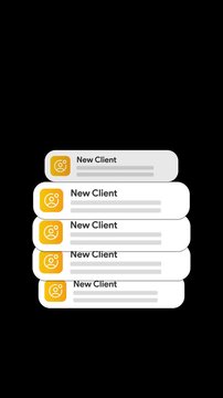 New client notification popups endlessly scrolling and stacking, continuous lead alerts overlay for agency or freelance promo, business growth and customer acquisition concept, transparent background