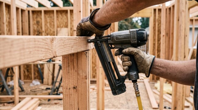 Close up of gloved carpenter using pneumatic nail gun on wooden wall framing during residential construction in an unfinished house interior