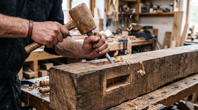 Craftsman using wooden mallet and chisel to shape a weathered timber beam in a traditional woodworking workshop with visible wood shavings and tools