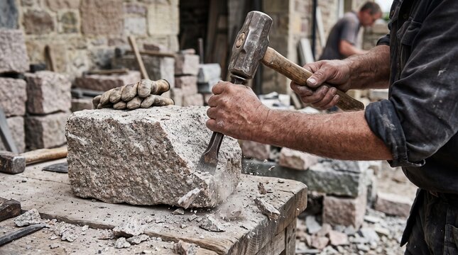 Stone mason shaping rough limestone block with metal chisel and mallet beside weathered masonry walls in an outdoor traditional stoneworking workshop setting