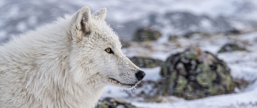 Arctic Wolf in Snowy Landscape: A majestic white wolf stands alert in a stark, snow-covered wilderness, its piercing gaze surveying the cold, rugged terrain.